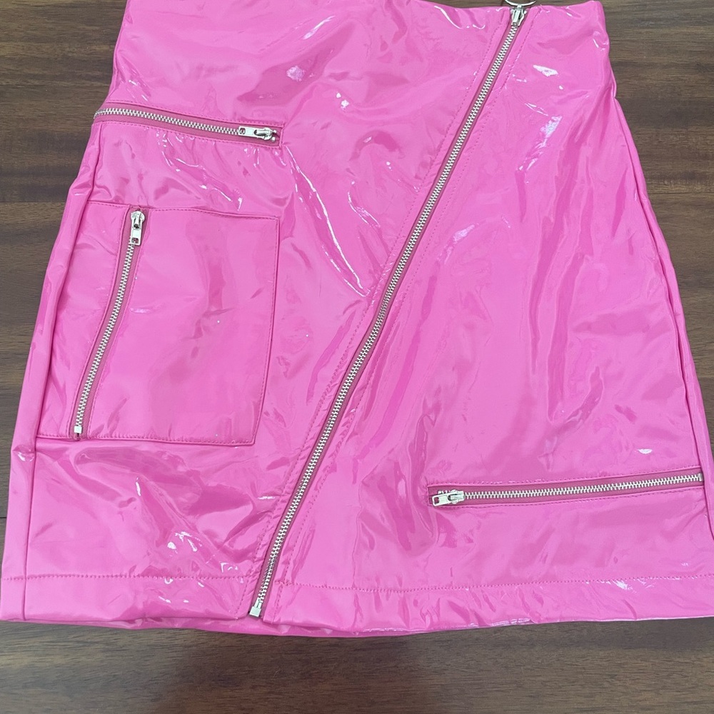 Pink patent leather vinyl skirt with zipper detail Dolls Kill